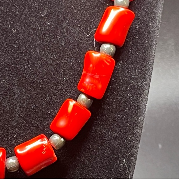 Vintage Chunky Red Bead Necklace | natural stone Tribal Style | Silver Tone - Picture 4 of 10